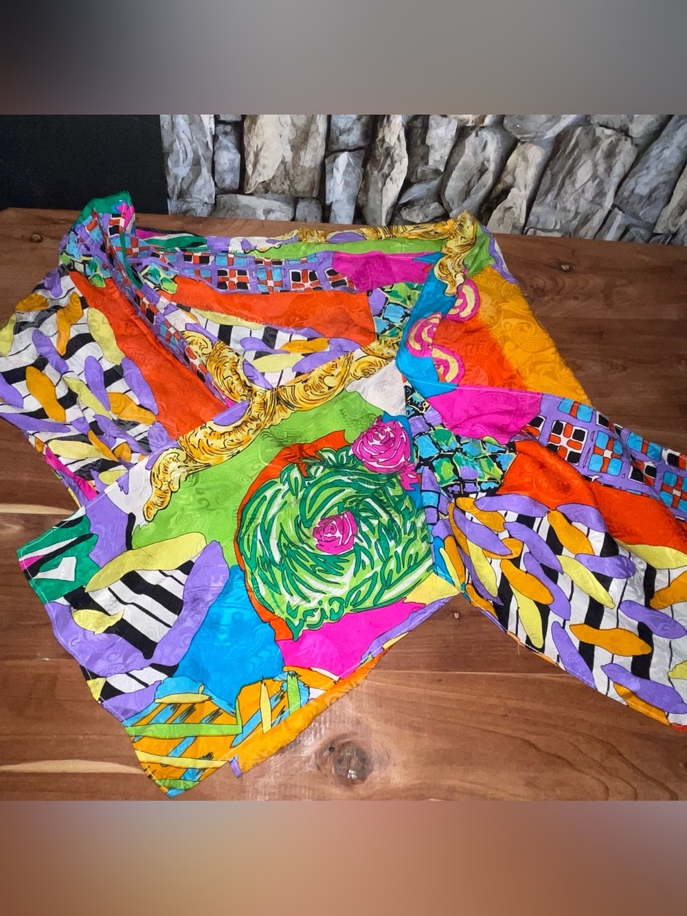 Vtg Long Rectangular 90’s Pop-Art Scarf Vibrant Botanical & Geometric Print